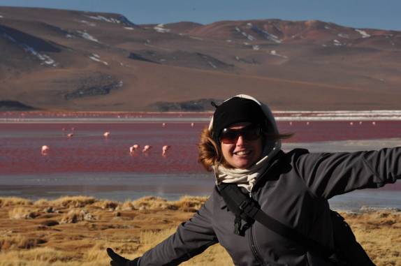 Maravilhada com a beleza da Laguna Colorada, na Bolívia
